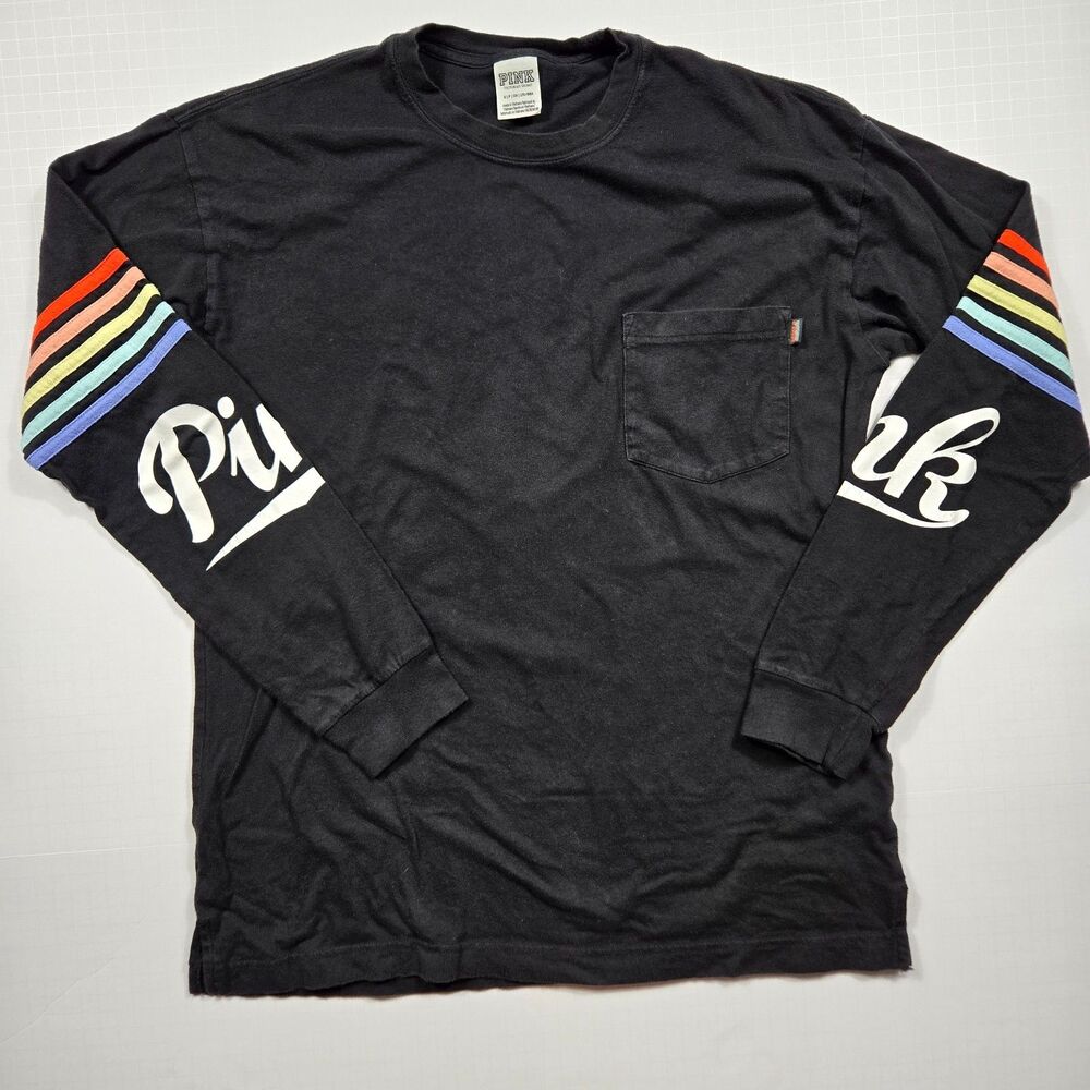 Victoria's Secret VS PINK Long Sleeve Shirt Black Retro Rainbow Small 2017